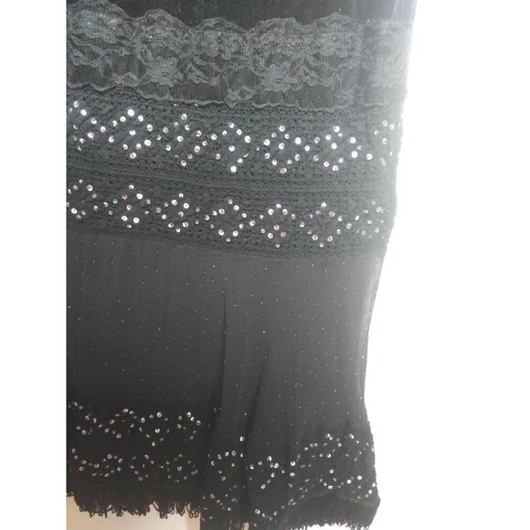 VTG Skirt Black Velvet boho fringed beaded Maxi 90s Michelle Antonelli elastic - Picture 7 of 10